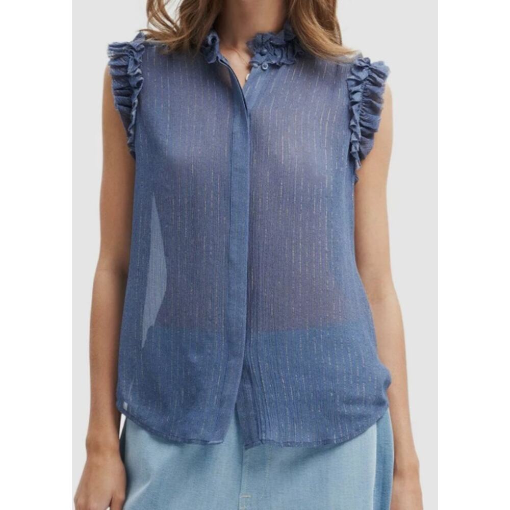 7 For All Mankind Size XS Sheer Ruffle Button Up Top Blouse Navy Sleeveless